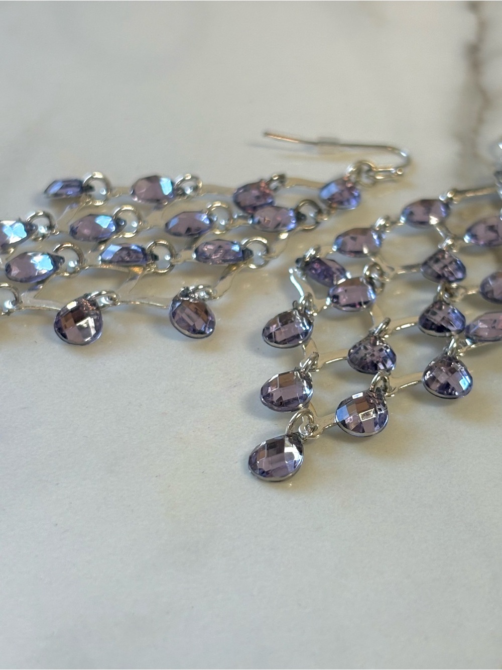 Avon Lavender Rhinestone Chandelier Earrings Silver Statement Drop 3” Gift Box